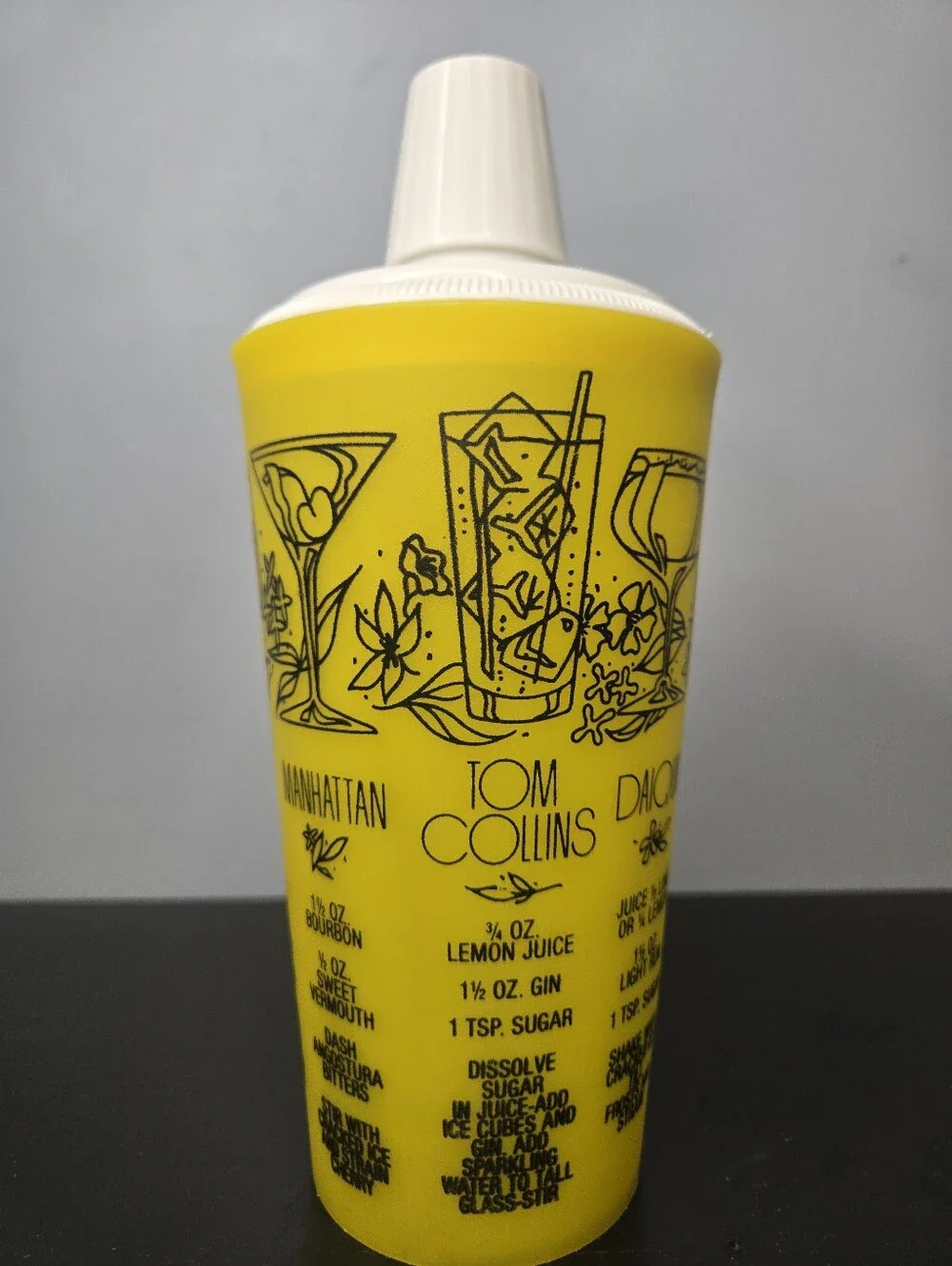 Vintage MCM 1960s Yellow Cocktail Shaker w Cap+ Strainer + Cocktail Recipes